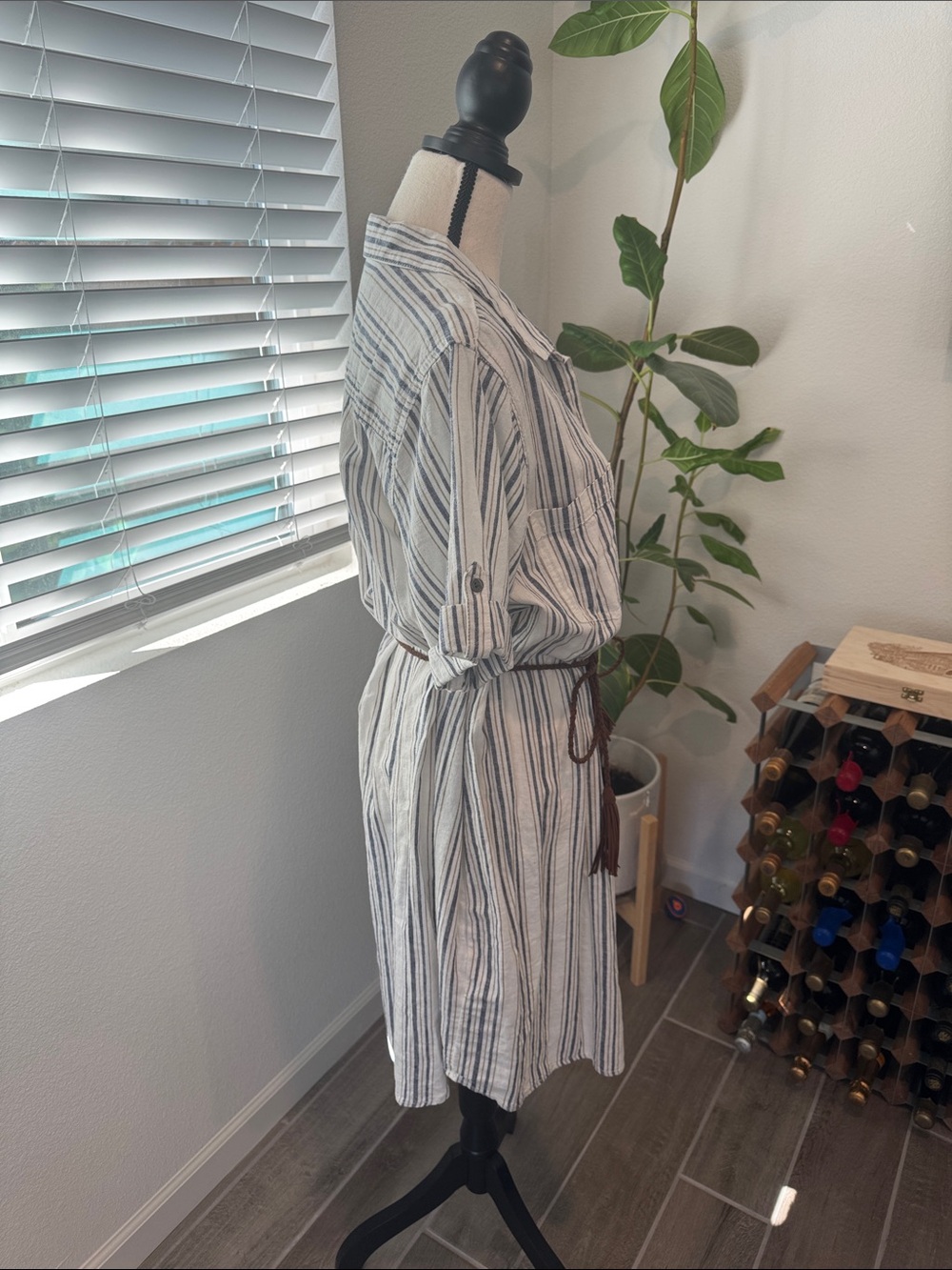 Striped Shirt Midi Dress with Tassel Belt - White/Blue - Picture 7 of 14
